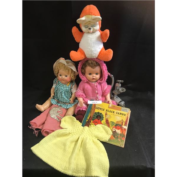 Rubber Face Crying Teddy Bear, 2 Vintage Dolls, Pink Elephant Baby Blanket, Yellow Knitted Baby Dres