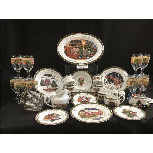 A Christmas Story Porcelain China Illustrated by Susan Winget, Christmas Goblets, Cheese Pate Knives