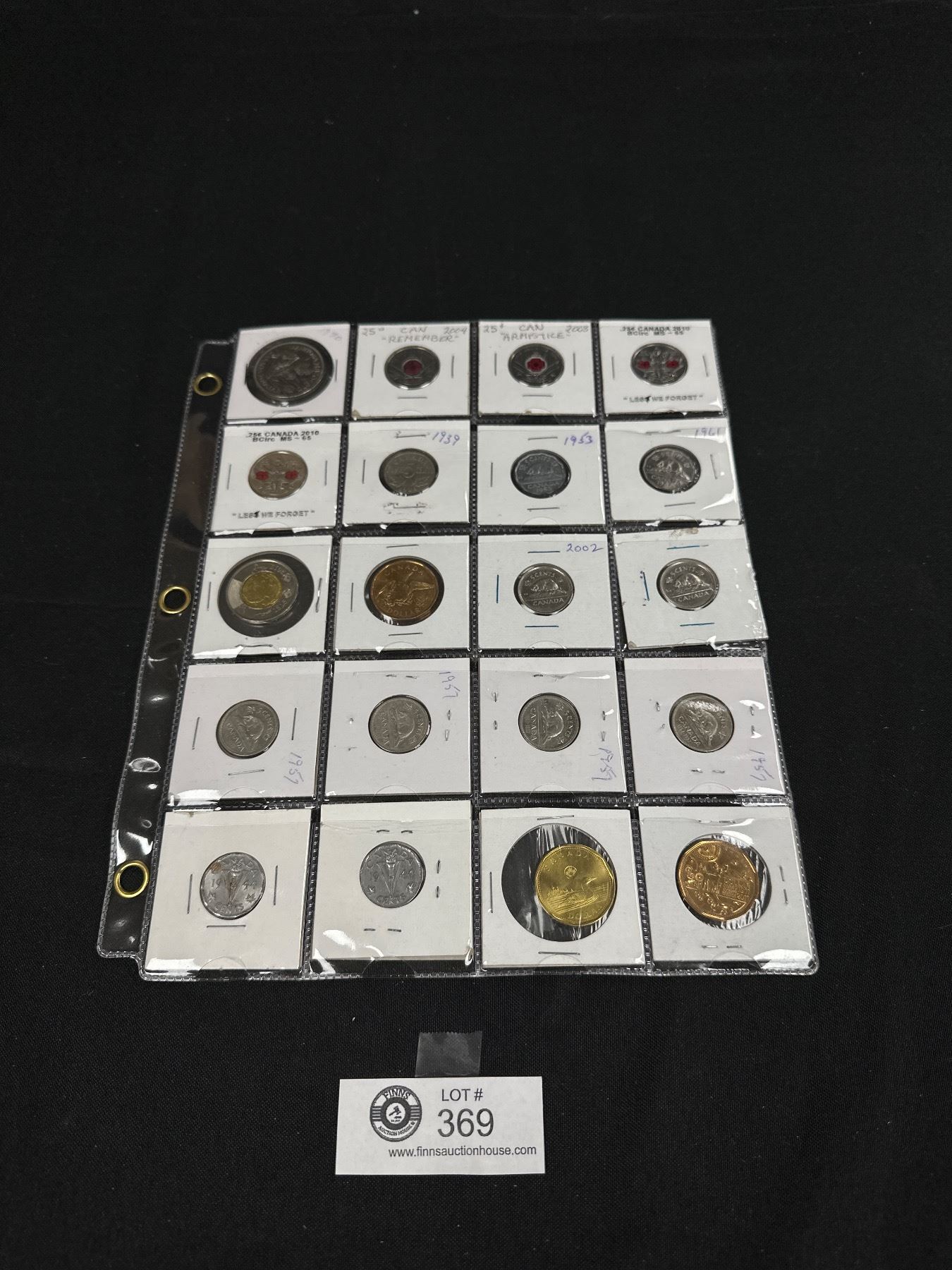 Canadian Coin Collection Sheets Sheet Of Misc Canadian Coins In Holders