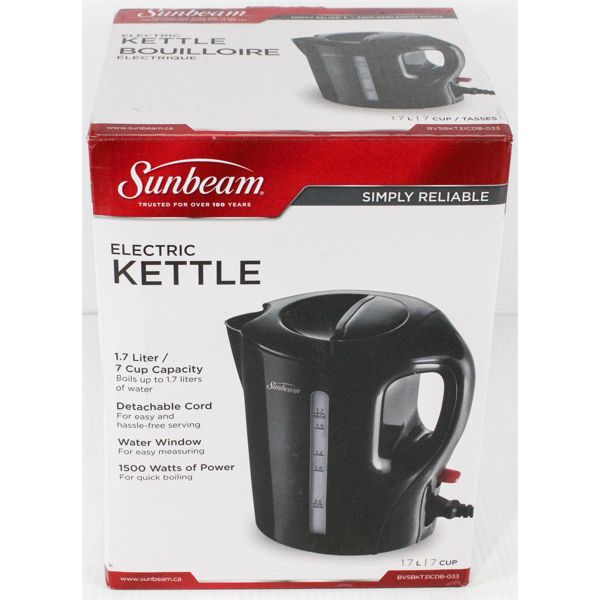 SUNBEAM ELECTRIC KETTLE 1.7L, 7 CUP CAP.