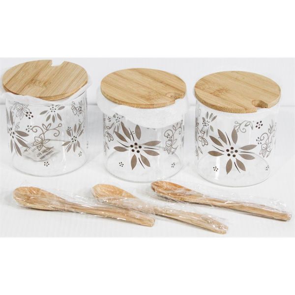 SMALL GLASS CANISTERS W/ BAMBOO LIDS & SPOONS