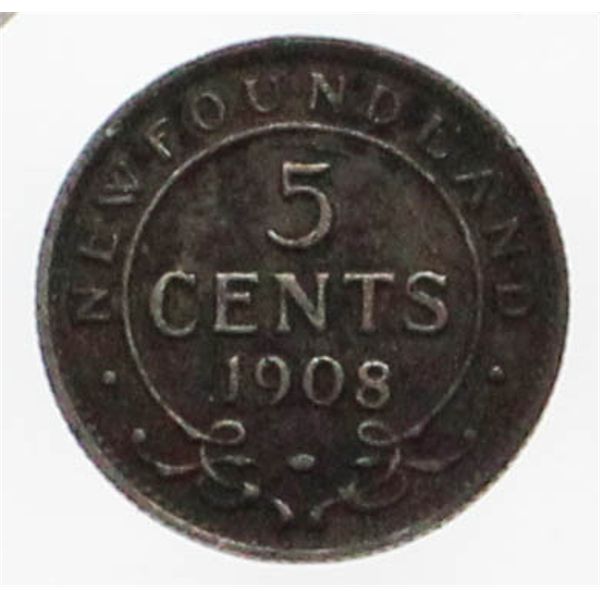 1908 NEWFOUNDLAND SILVER 5 CENT COIN