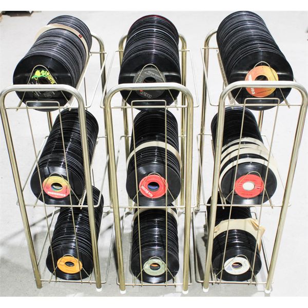 3 BRASS STORAGE DISPLAY RACKS W/ 45 RPM RECORDS