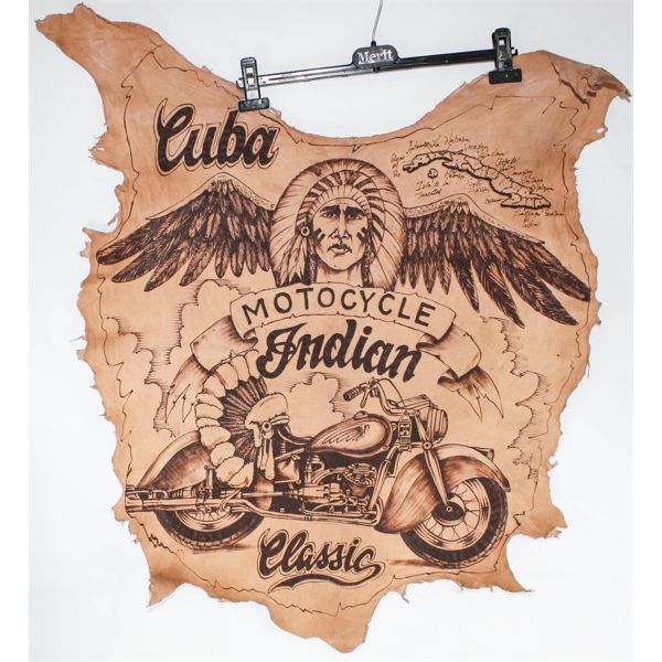 HAND CRAFTED LEATHER INDIAN MOTORCYCLE WALL HANGING