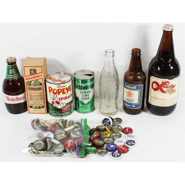 ASST. COLLECTOR BOTTLES , TINS , AND BOTTLE CAPS