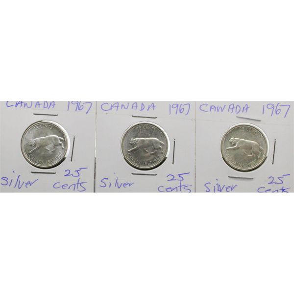 THREE 1967 SILVER CANADIAN 25 CENT COINS