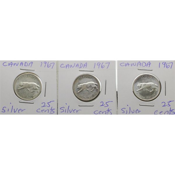 THREE 1967 SILVER CANADIAN 25 CENT COINS