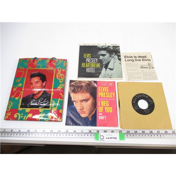 Lot of 5 Elvis Presley Records + Elvis Gift Bag and Newspaper Clippings