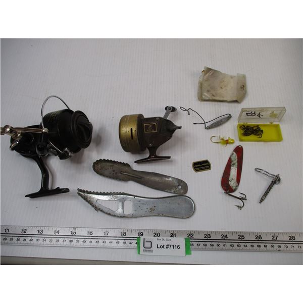 (2) Vintage Reels + Misc. Hooks and Scrapers