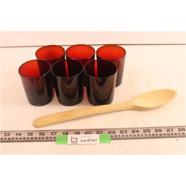(6) Red Glass Cups + Wooden Spoon