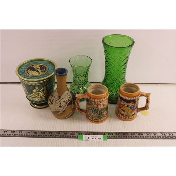 (3) Vases + (2) Beer Mugs & Tin Storage Container