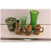 Image 1 : (3) Vases + (2) Beer Mugs & Tin Storage Container