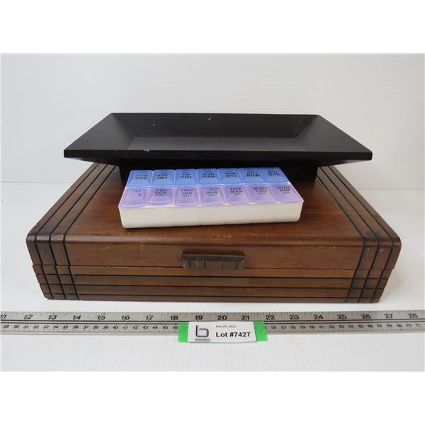 Prescription Pill Organizer - Black Wood Tray/Dish - Cutlery Chest (case has cracks)