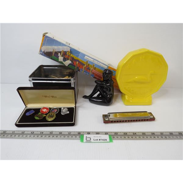 Ceramic Loonie Bank - Ceramic Female Form - M.Honer Harmonica - Automatic Clothes Line - Clothes Pin