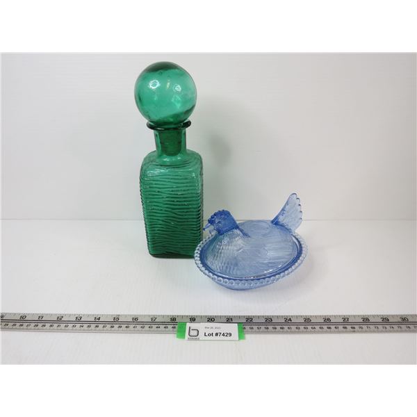 Decanter/Vase? (Lid does not belong to it - has chips - Blue Glass Hen on a Nest Dish (nice shape no