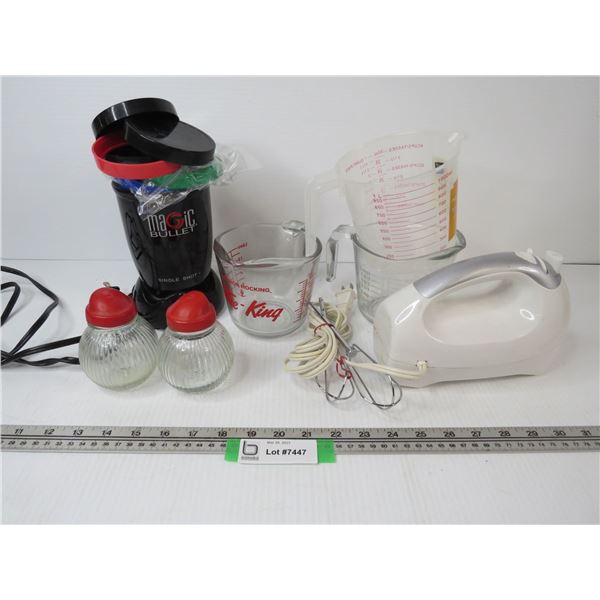 Magic Bullet (missing piece) (2) Fire King Measuring Cups - Mixer w/Beaters Untested - Salt & Pepper
