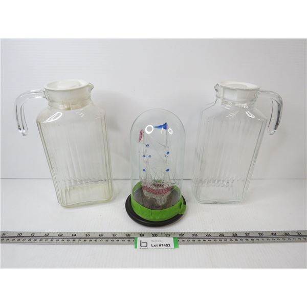 Glass dome w/Blown Glass Ship - (2) Glass Pitchers