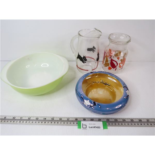 Sm Glass Pitcher - Jar - Pyrex Casserole Dish - Flowered Dish (Made in Japan)