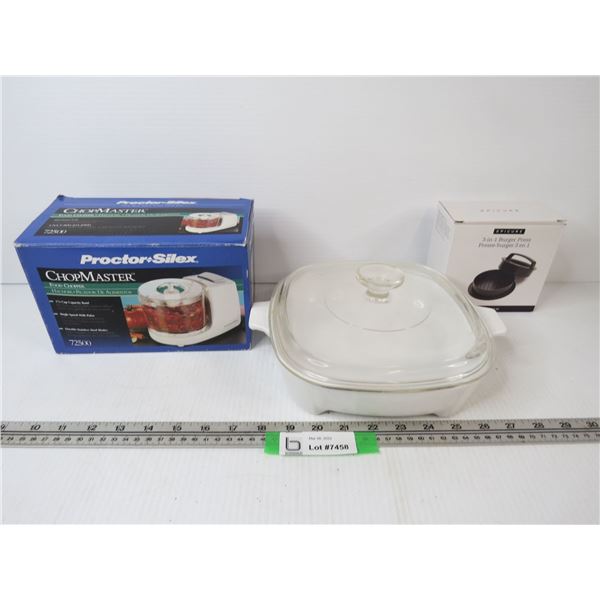 Corning Ware Dish w/Lid - Proctor-Silex Chop Master - Epicure Patty Press