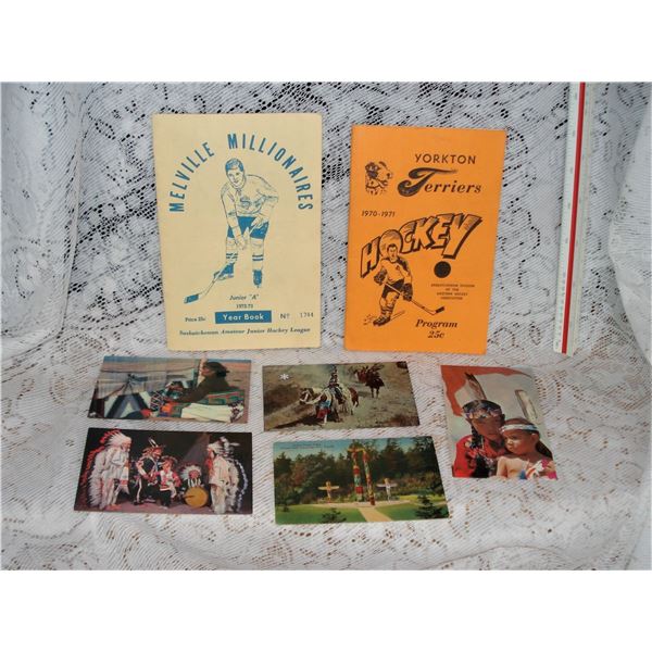 Sk Hockey Teams yrar book and Program/ Indiginous vintage Postcards