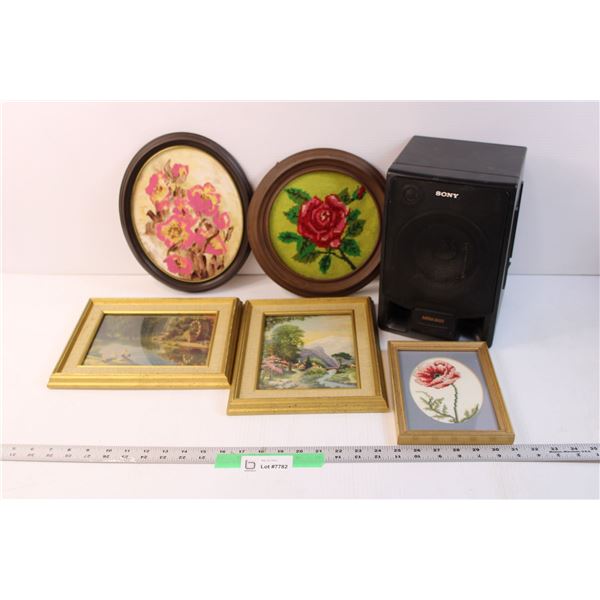 Lot of Assorted Vintage Frames with Art, Sony Mega Bass Speaker (Not Tested)