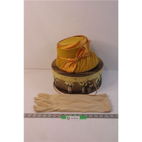 Vintage Hat with Hat Box and Gloves