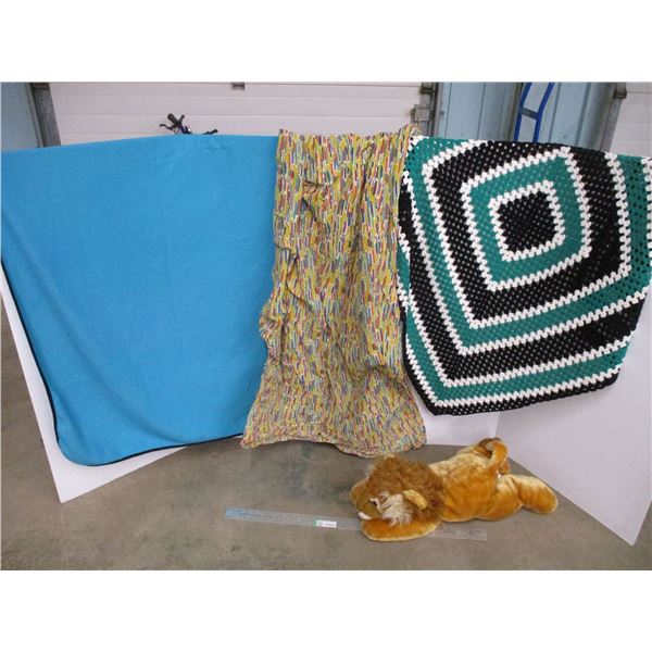 (3) Throw Blankets and a Lion Plush
