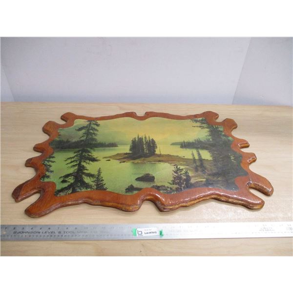 Lake Picture on Cut Slab of Wood