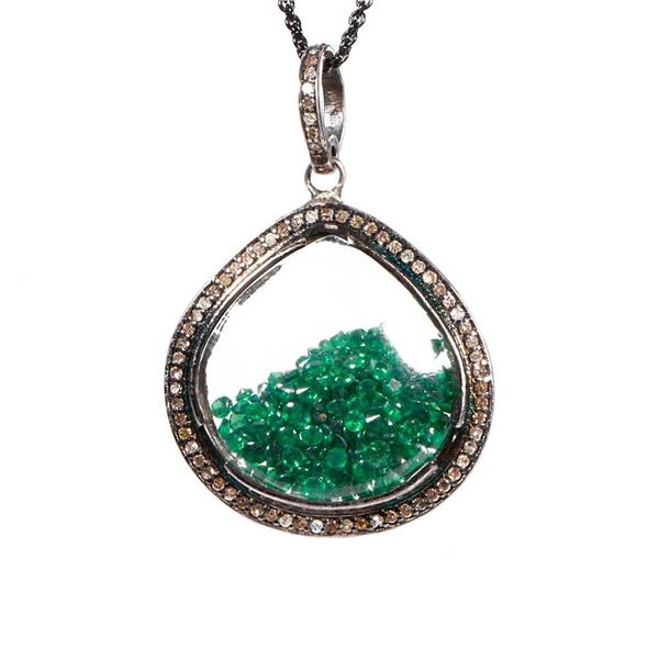 Tsavorite, diamond and blackened silver pendant