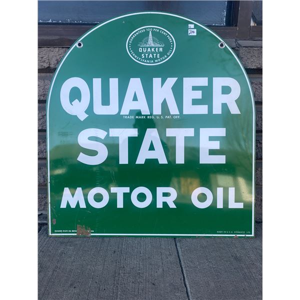 Vintage Quaker State Motor Oil Porcelain Double Sided Tomb Stone Sign