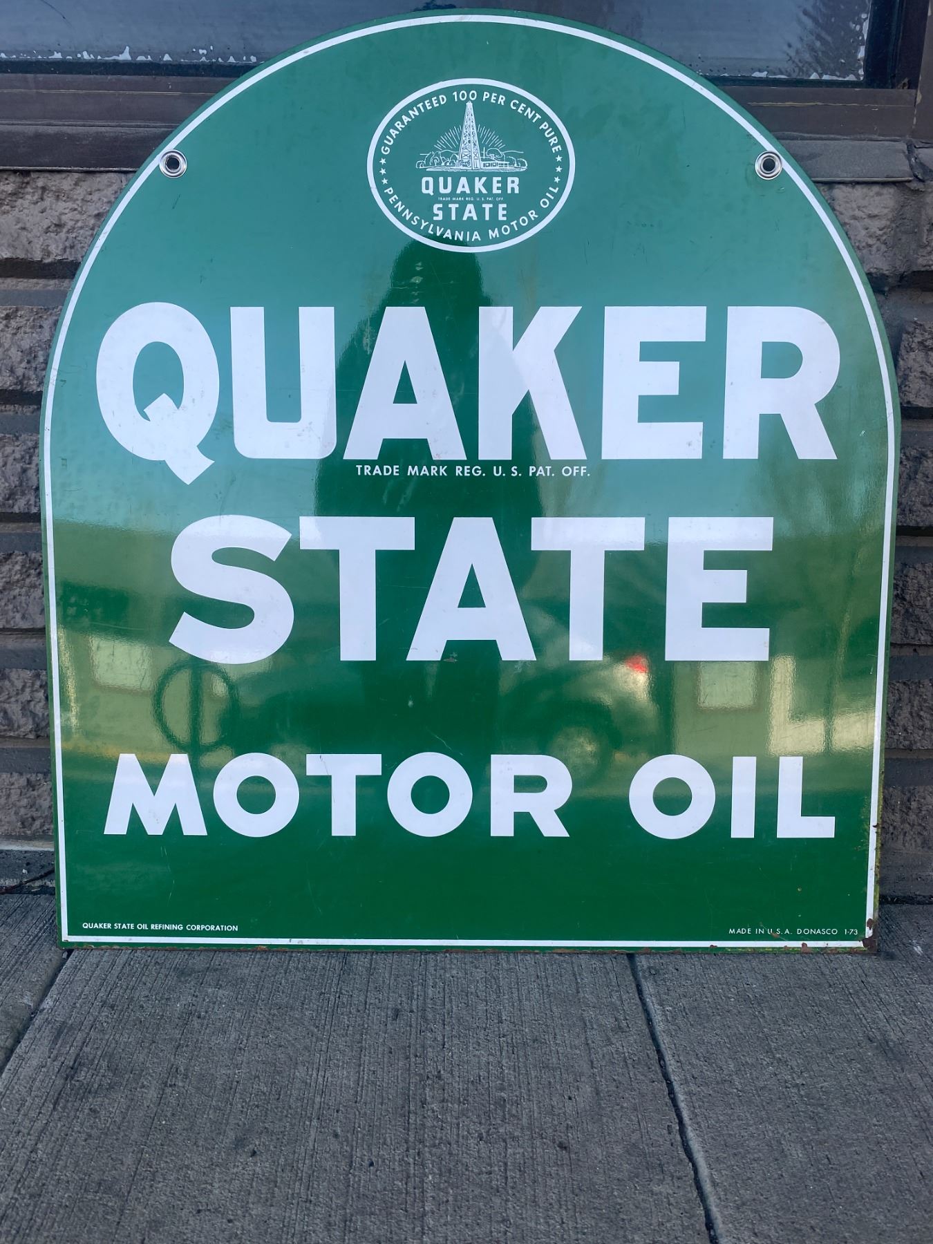 Vintage Quaker State Motor Oil Porcelain Double Sided Tomb Stone Sign