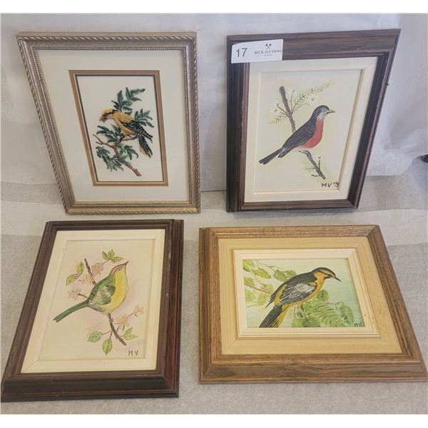 An Assortment Of Hand-Painted Bird Paintings And One Cross Stitched Bird Picture