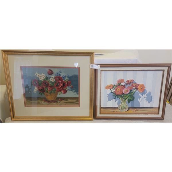 A Excellent Cross Stitched Framed Photo, Accompanied By A Wonderful Painting Of Flowers in A Vase