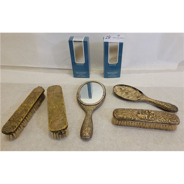 A Charming Set Of Antique Grooming Items (Brass/Silver-Plated, Mirror, And Bush) With 2 Perfumes