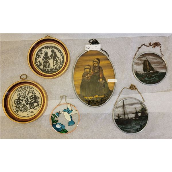An Assortment Of Stained Glass/Cross Stitched Hanging Wall Decor