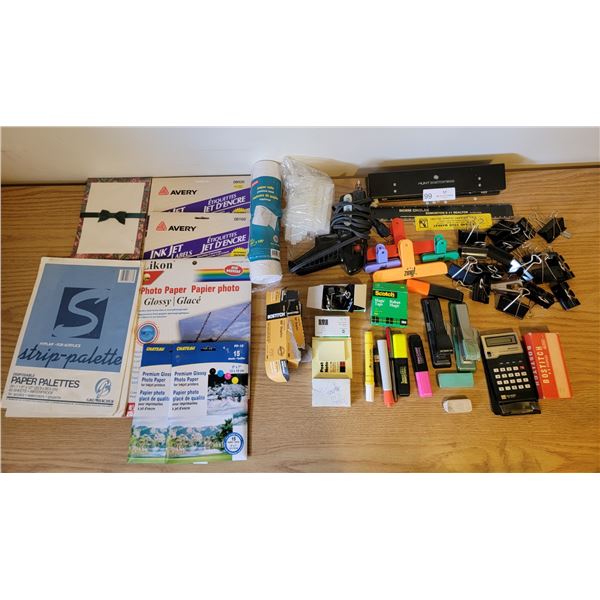 A Large Assortment Of Office Supplies (Paper, Paper Clips, Ruler, 3 Hole Punch, Glue Gun/Sticks etc)