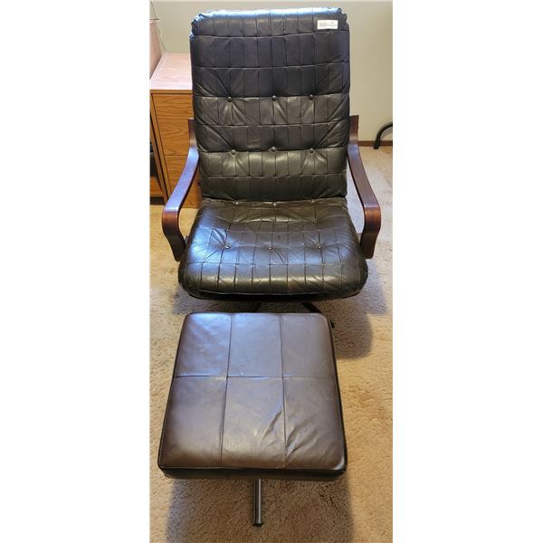 A Comfortable Vintage Leather Chair, With Leather Foot Stool