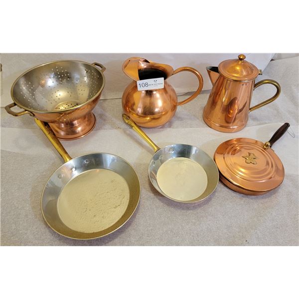A Gorgeous Assortment Of Copper Dishware ( Frying Pans, Tea Pot, Water Pitcher, Strainer etc.)
