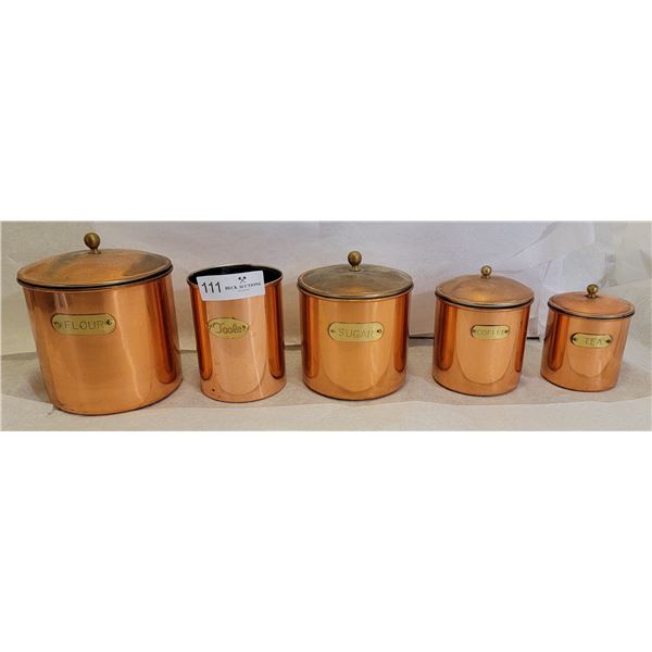 A Collection Of Copper Kitchen Canisters (Sugar, Coffee, Flour, Tea, And Tools)