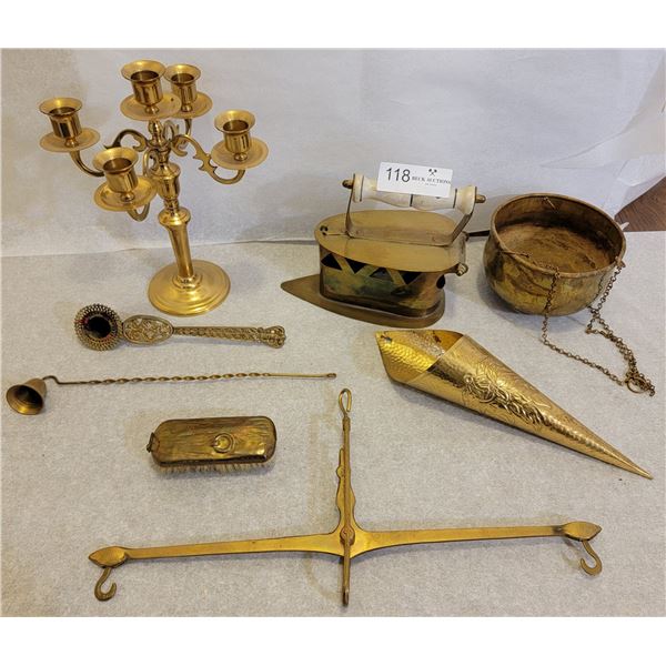 A Wonderful Assortment Of Brass Objects (Candle Holder, 2 Candle Wick Dippers, Brush, Iron, Bowl)