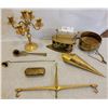 Image 1 : A Wonderful Assortment Of Brass Objects (Candle Holder, 2 Candle Wick Dippers, Brush, Iron, Bowl)