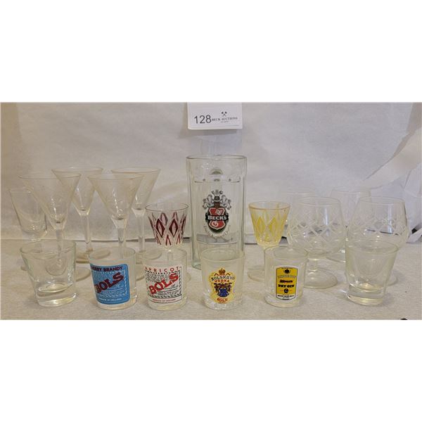 A Stunning Assortment Of Liquor Glassware (Bols-Branded Shot Glasses, Beer Mug, Brandy Glasses)