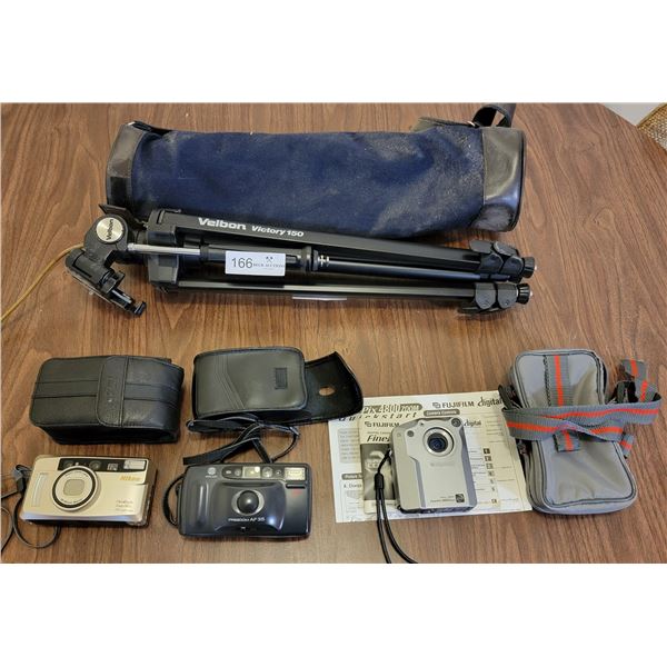 Older Cameras (Nikon Zoom 90s, Freedom AF35, Fujifilm Finepix 4800z) With Velbon Victory 150 Tripod