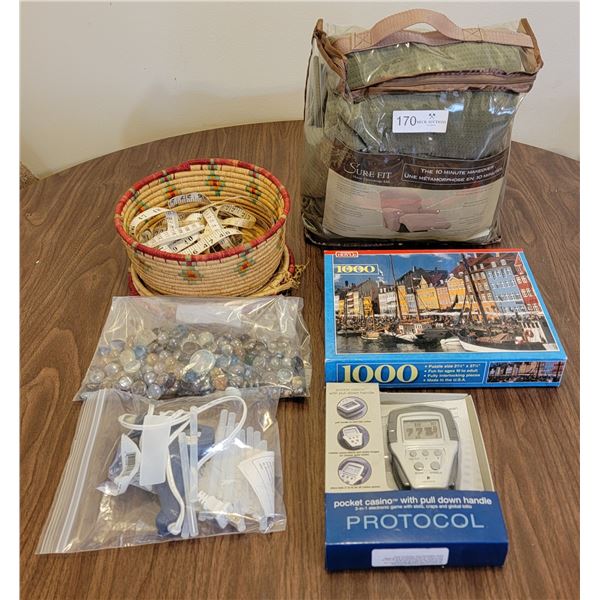 Green Sure Fit Chair Cover With Craft Supplies, Puzzle, And Pocket Casino Game