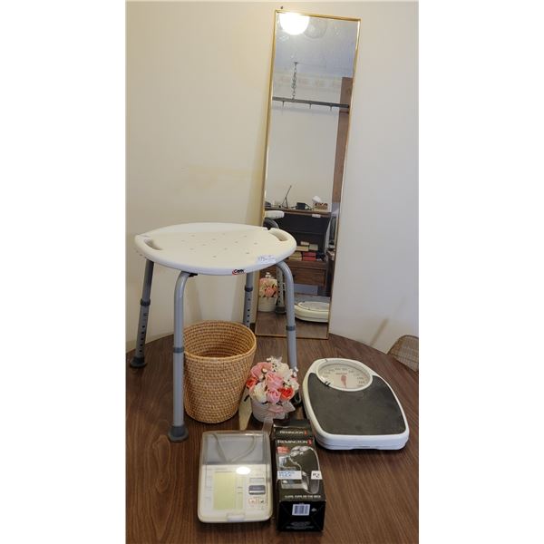 Assorted Bathroom Supplies With Carex Bathroom Chair, Omron Hem-775, And Remington R2 Micro Flex