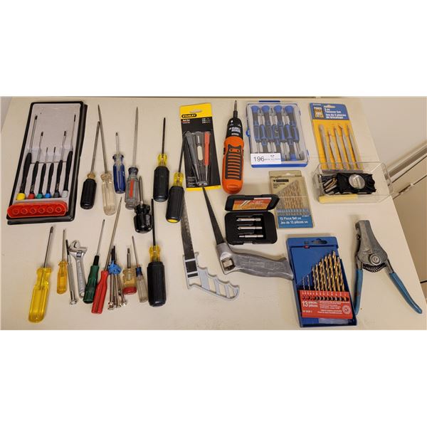 Assorted Drill Bits, Screwdrivers, Tweezer Set, And Hand Saws