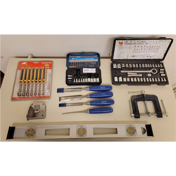 Assorted Tools, Socket Set, 7pc Nut Driver, Level, Chip Chisels, And Measuring Tape