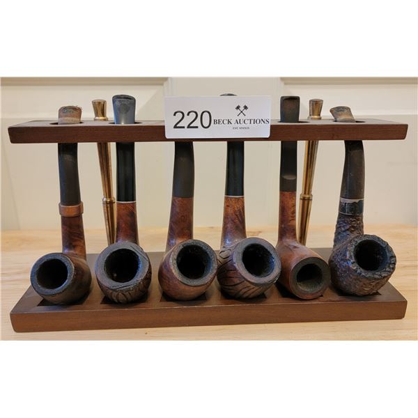 Collection Of Six Tabaco Smoking Pipes With Display Holder, One With Sterling Silver Band