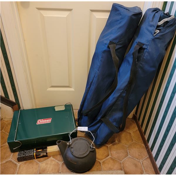 Camping Assortment, Colman Stove, Two Chairs, And Cast Iron Tea Pot