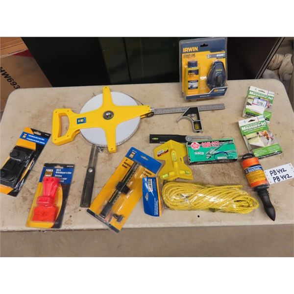 Powerfist Roll Tape Measure, Chalkline, Post Hole Level, Rope, Marking